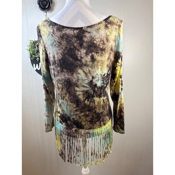 Tie-Dye Fringe Hem Long Sleeve Tunic Top Small By Entro - Picture 3 of 5